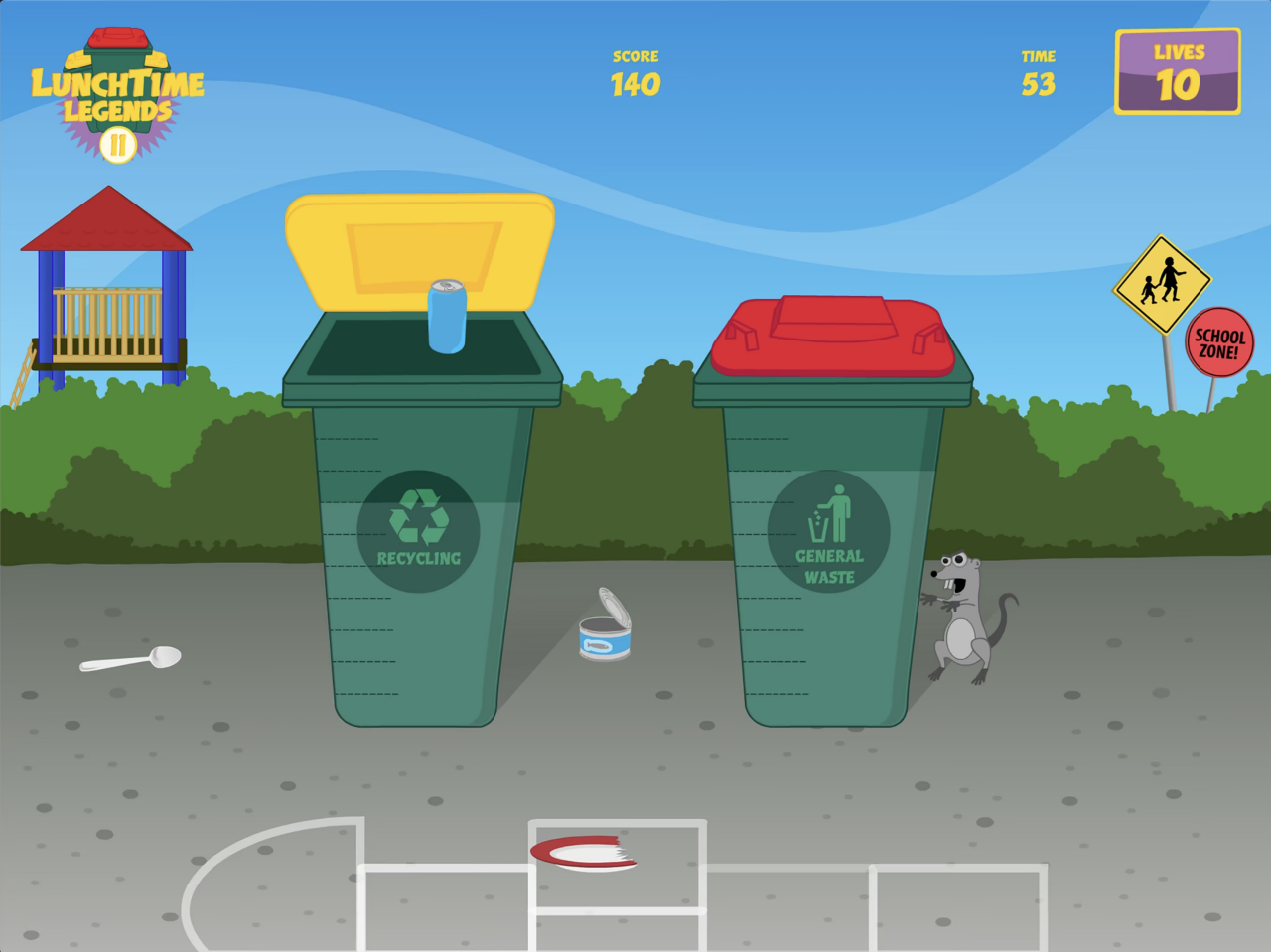 Screenshot of Council's Lunchtime Legends app for kids showing red and yellow lid bins.