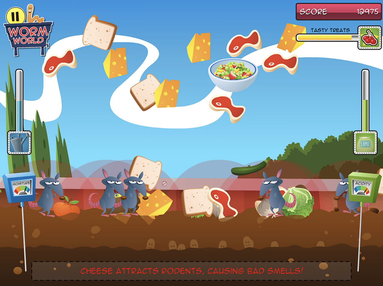 Screenshot of Council's Worm World app with words 'cheese attracts rodents causing bad smells'.