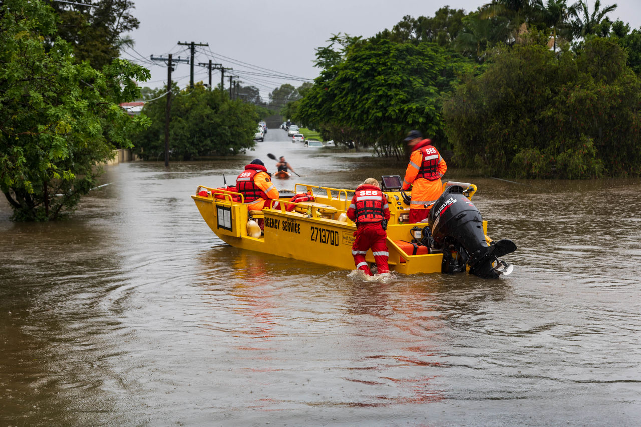 SES boat in a flooded street at Carina