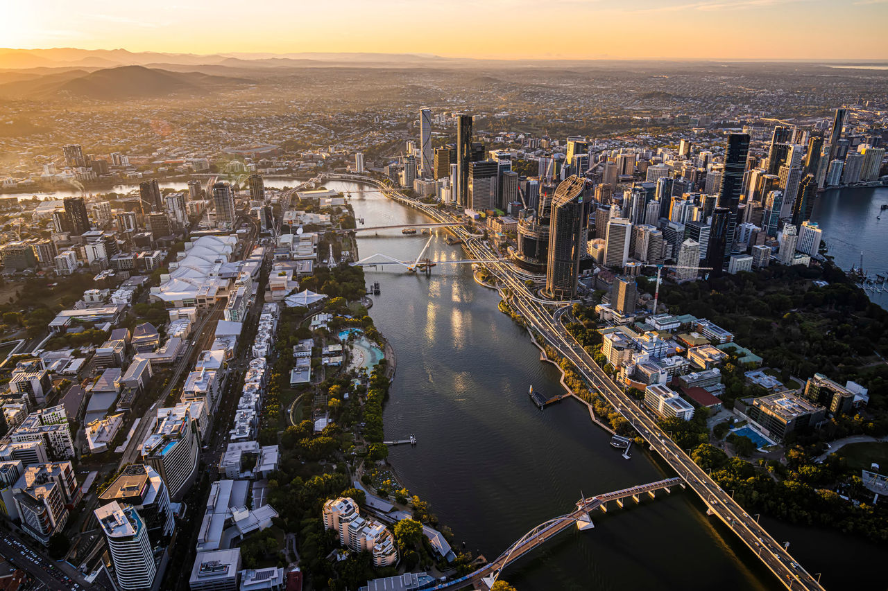 An aerial view of the Brisbane City Reach of the Brisbane River including South Brisbane and South Bank.