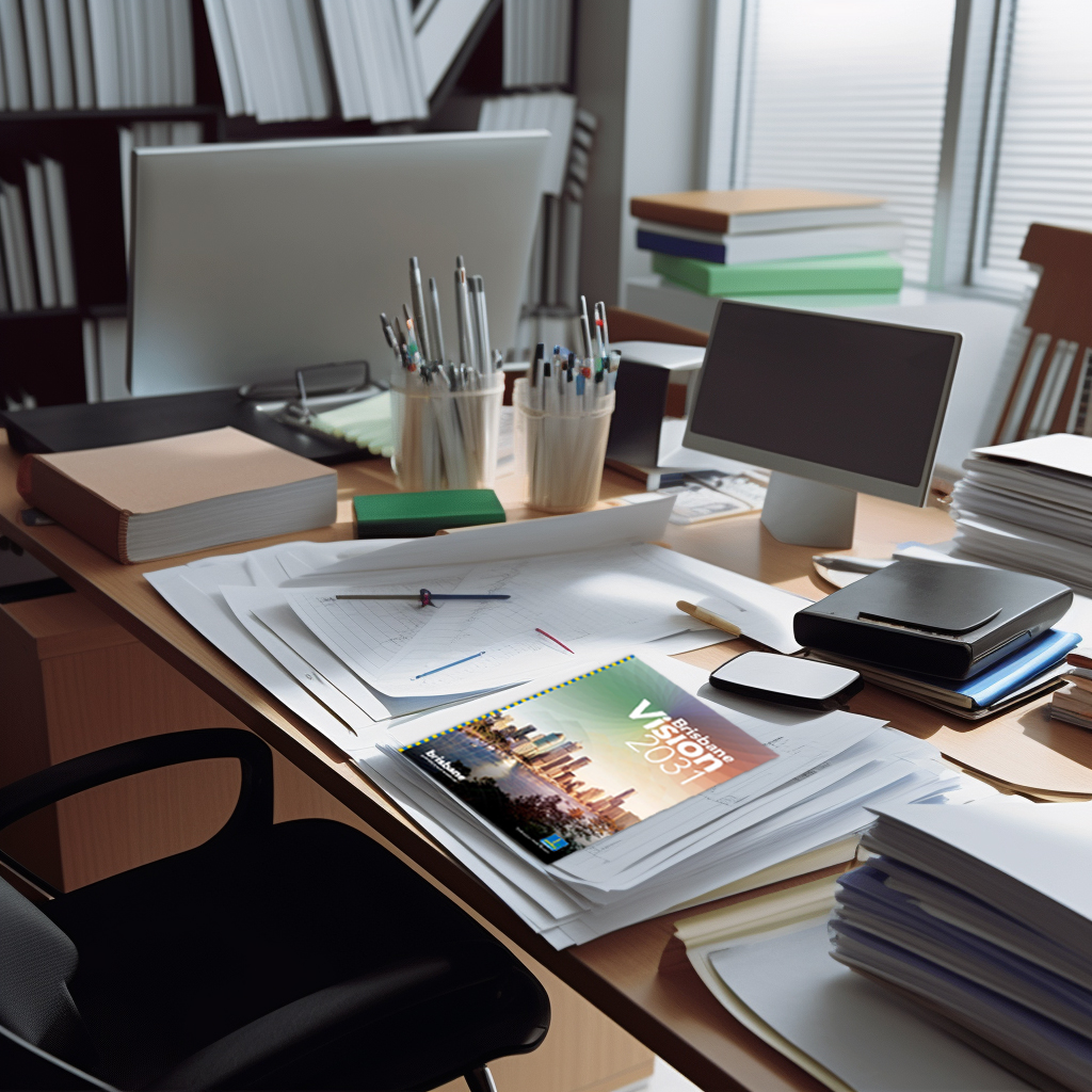 Brisbane Vision 2031 document with other office stationary on an office desk.