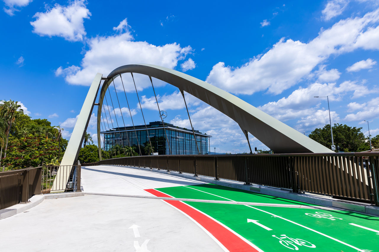 View of Breakfast Creek / Yowoggera Bridge with shared pathway line markings.
