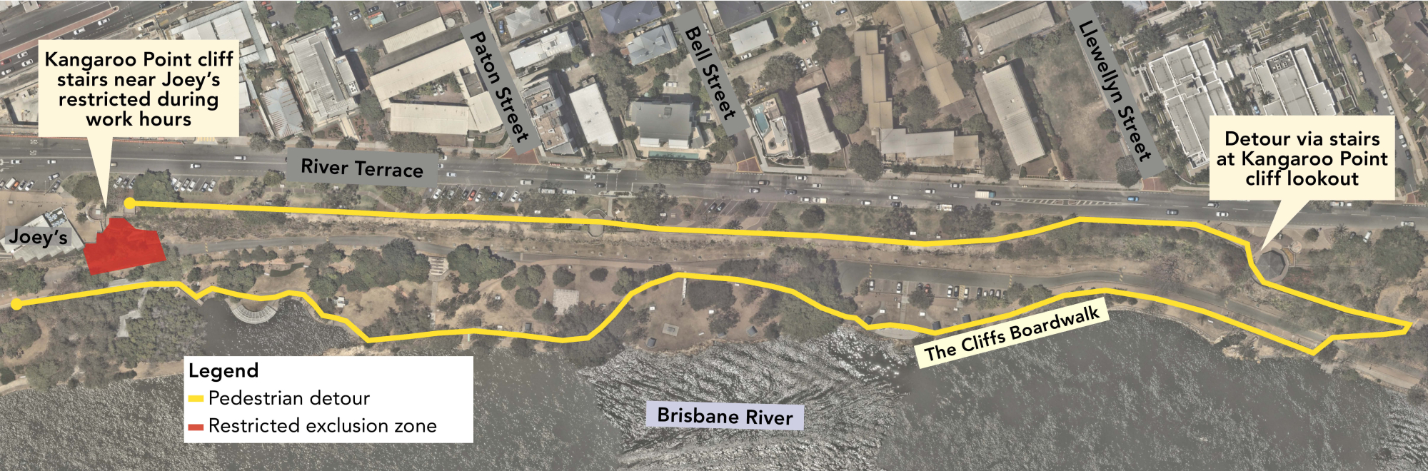 This image shows an aerial view map of the Kangaroo Point cliff stairs detour