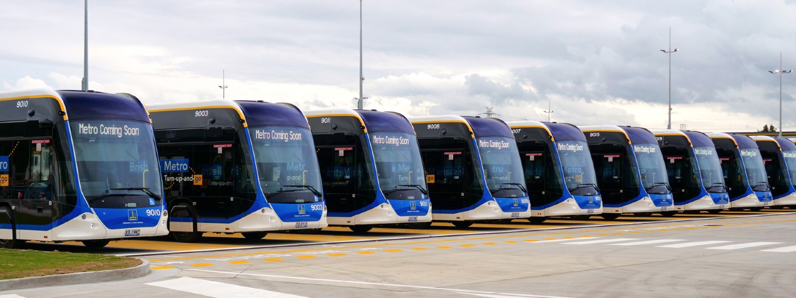 A lined row of parked Metro bus vehicles