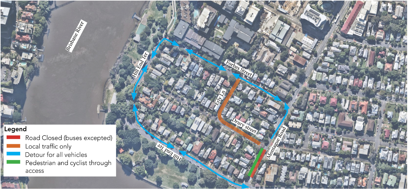 The map shows the suggested detour route for use during the Drury Street and Montague Road Closure. The map is a section of West End showing Montague Road, Drury Street, Forbes Street and Hill End Terrace, with the Brisbane River labelled to the left. Download the PFD below for a more detailed description of the map.