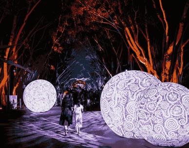 Two people walking through a garden with large glowing and patterns balls along the pathway