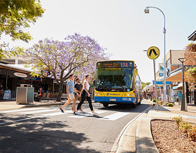 Group crossing at pedestrian crossing near bus