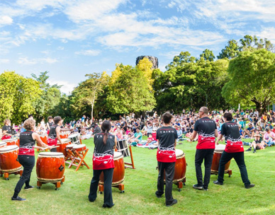 Asian traditional drumming being performed on the Bandstand lawn at Brisbane Botanic Gardens Mt Coot-tha