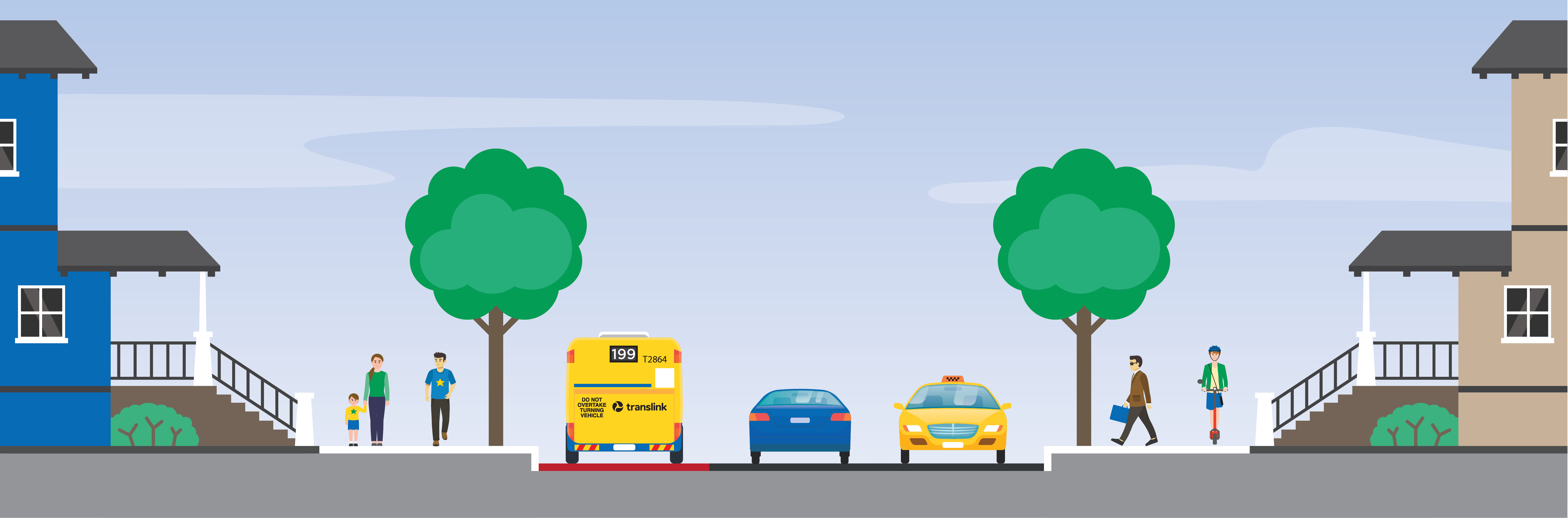 This image shows how opportunities could be incorporated on Montague Road, between Orleigh Street and Ferry Road. The indicative north-facing street cross section features landscaped verges, a dedicated bus lane for inbound travel, lanes for two-way traffic and shared paths for walking, cycling and e-mobility. 