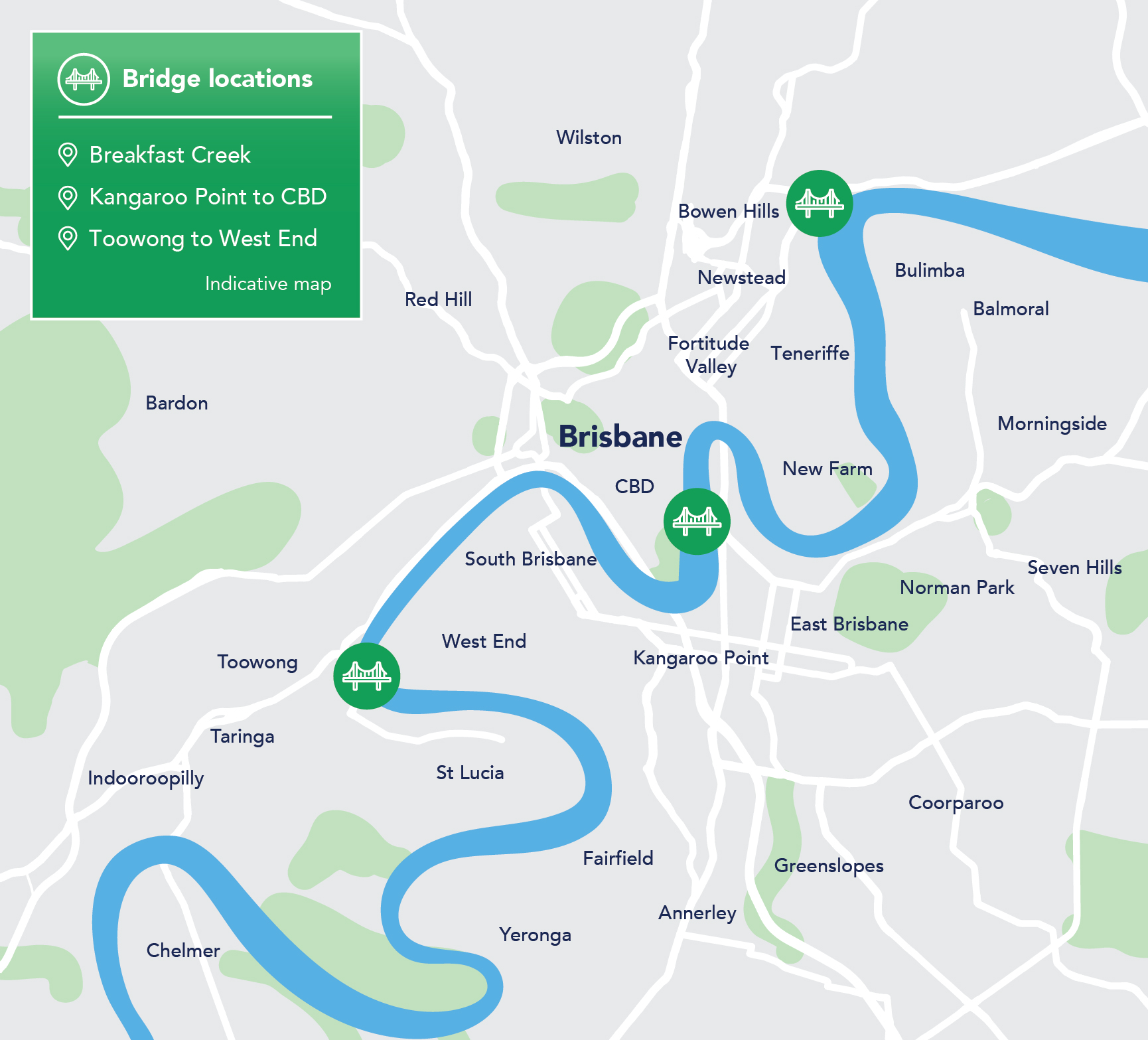 Indicative map showing the Brisbane River in the centre with the locations of new bridges at Breakfast Creek, Kangaroo Point to the CBD, and Toowong to West End.