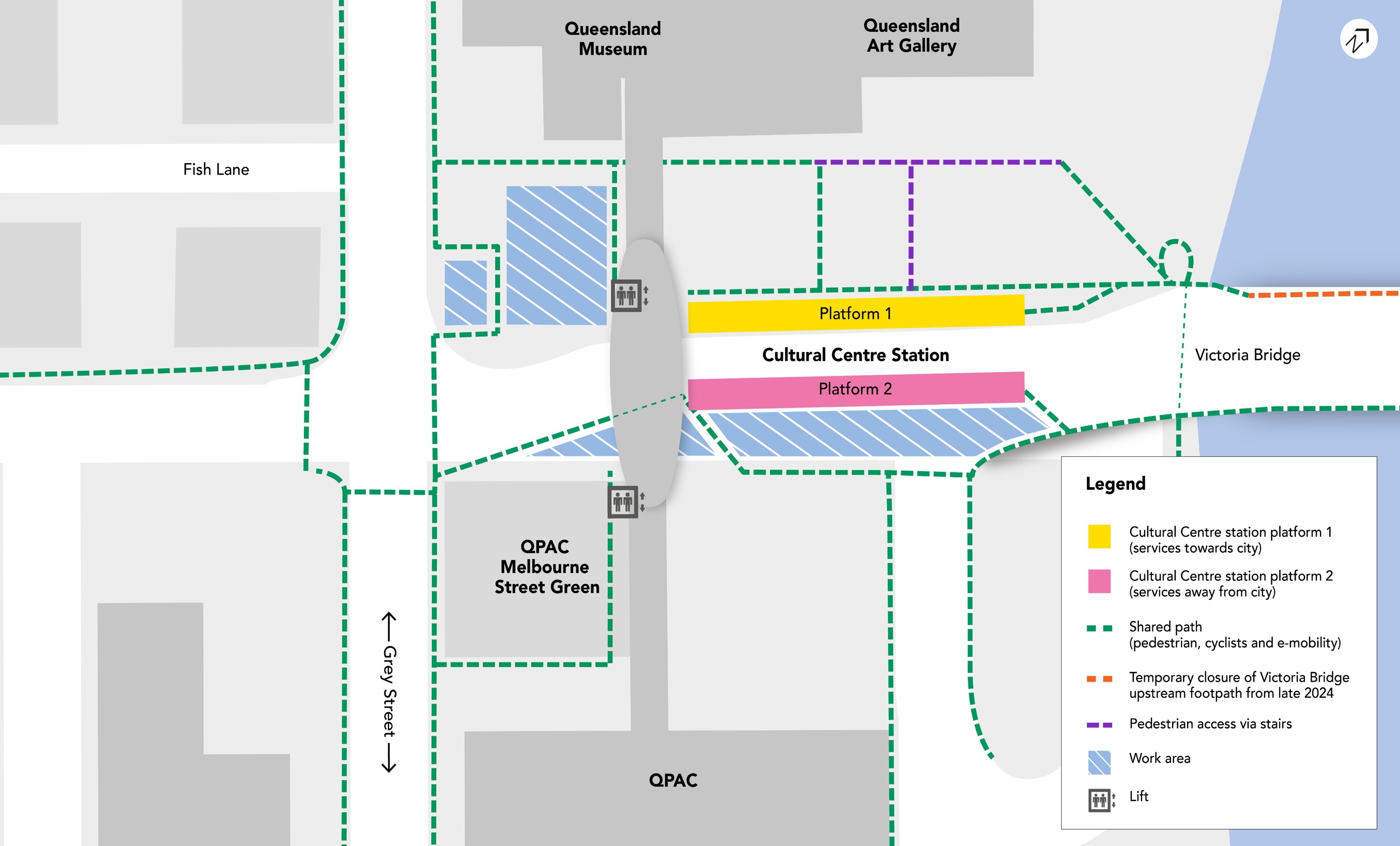 an aerial map showing Griffith University Tennis Centre to the right of the image, Sports Road which runs from the top of the map to the South East Busway at the bottom. The South Carpark is to the left of Sports Road.  A new zebra crossing is installed on Sports Road that runs from the South Carpark.   The section of Sports Road south of the South Carpark is closed to vehicles, only authorised bus access only from this point. 