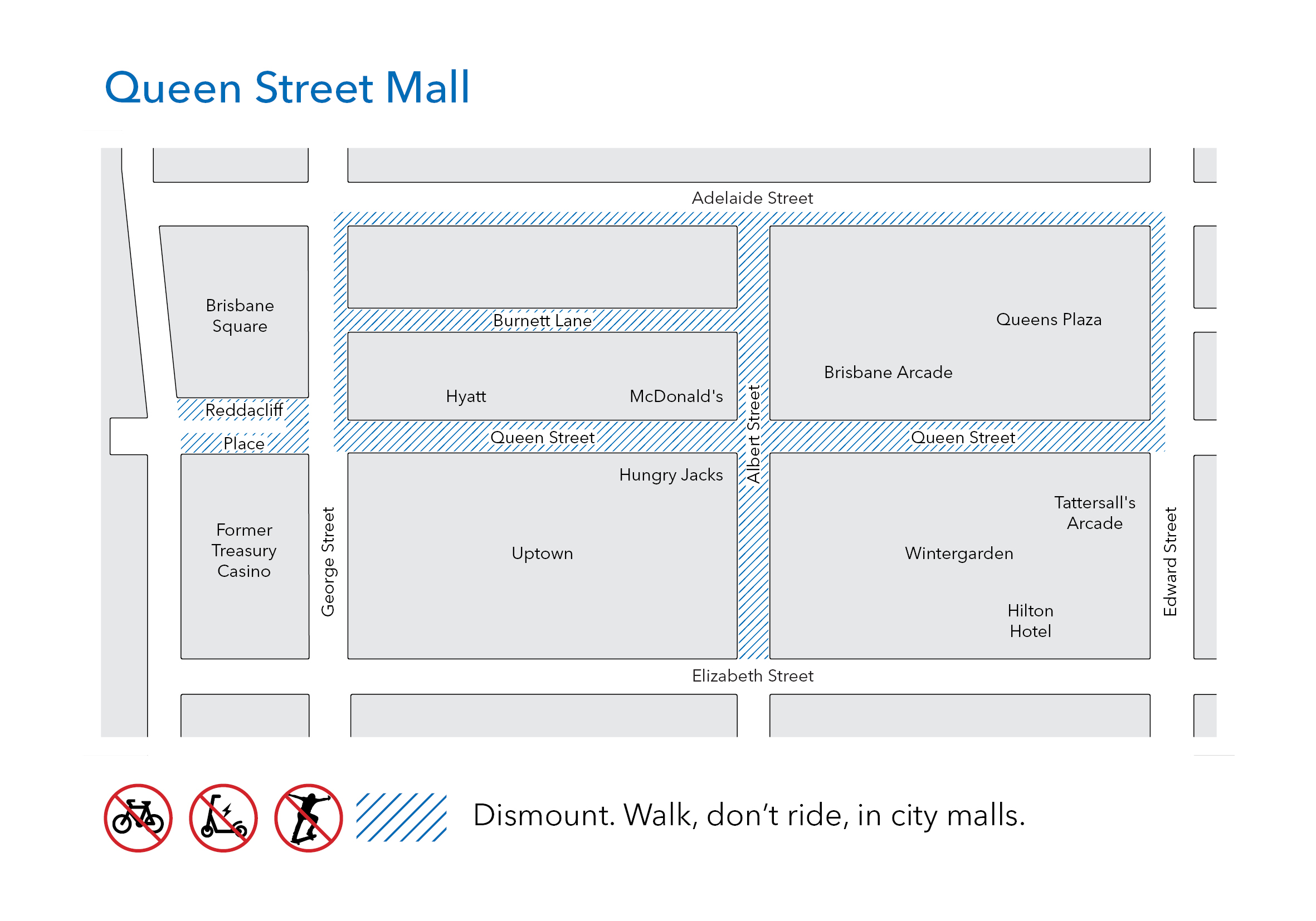 A map of Queen Street Mall and surrounding areas that shows where using bicycles, e-scooters, skateboards, and all similar vehicles is not allowed. Prohibited areas include, Queen Street Mall, Reddacliff Place, Burnett Lane, Albert Street mall extension, and footpaths surrounding the mall areas along Edward Street, Adelaide Street and George Street.