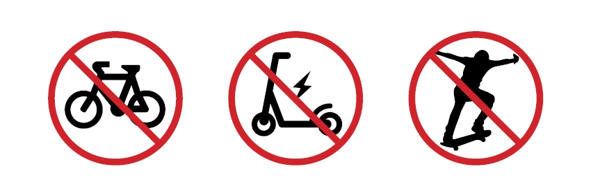 A ‘no bicycles’ symbol, indicating that riding bicycles is not allowed in the area. A ‘no e-scooters’ symbol, indicating that riding scooters is not allowed in the area. A ‘no skateboarding’ symbol, indicating that riding skateboards is not allowed in the area.