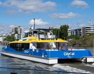 An image of a CityCat taken from behind as it travels along the Brisbane River