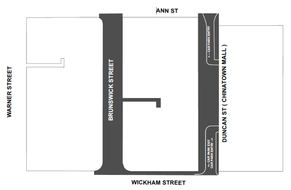 Map showing the location of the Valley Malls Precinct made up of Brunswick Street, Wickham Street and China Town (Duncan Street)