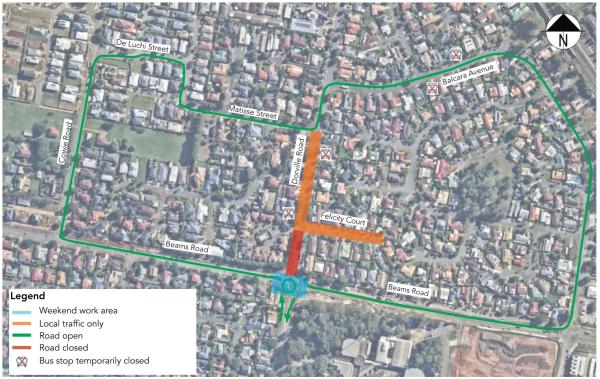 This is a detour map for the Beams Road upgrade showing road closures for weekend and night works