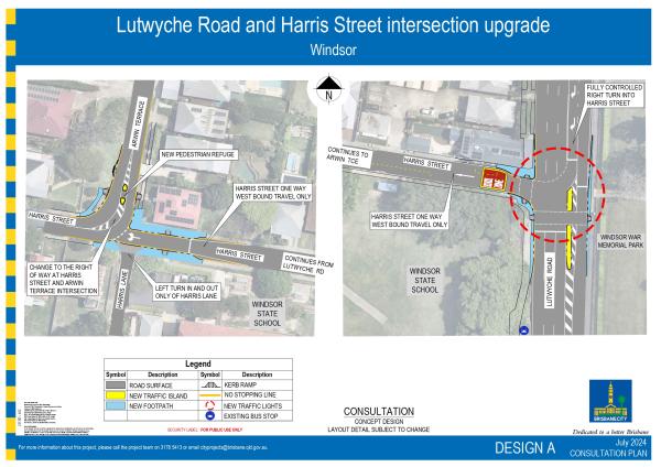The image shows the proposed concept plan for Design A of the Lutwyche Road and Harris Street intersection upgrade in Windsor.