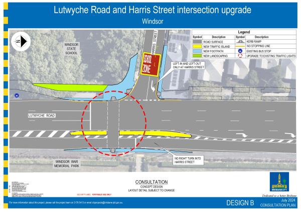 The image shows the proposed concept plan for Design B of the Lutwyche Road and Harris Street intersection upgrade in Windsor.