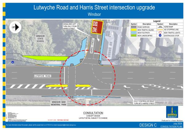 The image shows the proposed concept plan for Design C of the Lutwyche Road and Harris Street intersection upgrade in Windsor. 