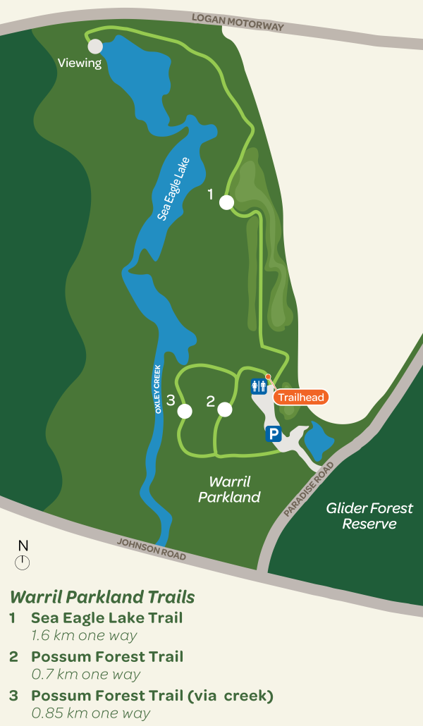 This map shows the location of trails and features within Warril Parkland. After entering from Paradise Road, the trailhead is situated near the parking area and restrooms. The Sea Eagle Lake Trail (1.6 km one way) loops around Sea Eagle Lake, offering a viewing point. The Possum Forest Trail (0.7 km one way) is located near Oxley Creek, with an alternative route (0.85 km one way) that follows the creek. The trails provide access to scenic views of the park's natural features.