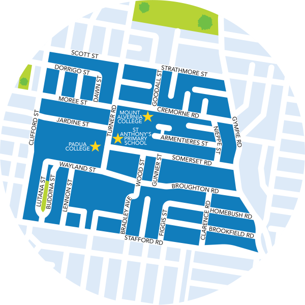 The image shows a map of the Kedron Safer School Precinct. The precinct area is shown in blue with the street names labelled. The precinct is between Scott and Strathmore streets and Stafford Road, and from Clifford Street and Gympie Road. The three schools in the precinct are shown with yellow stars and include St Anthony’s Primary School, Mount Alvernia College and Padua College. The schools are also labelled. 