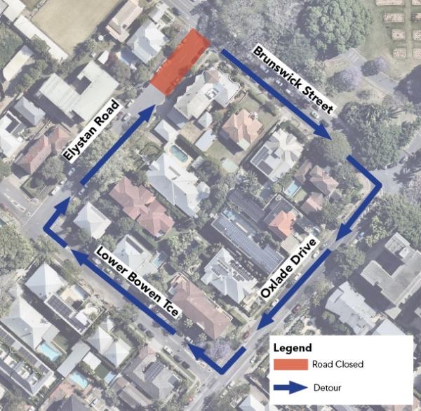 The map shows the route for vehicles to navigate around the work area on Elystan Road at the intersection of Elystan Rd and Brunswick Street in New Farm.